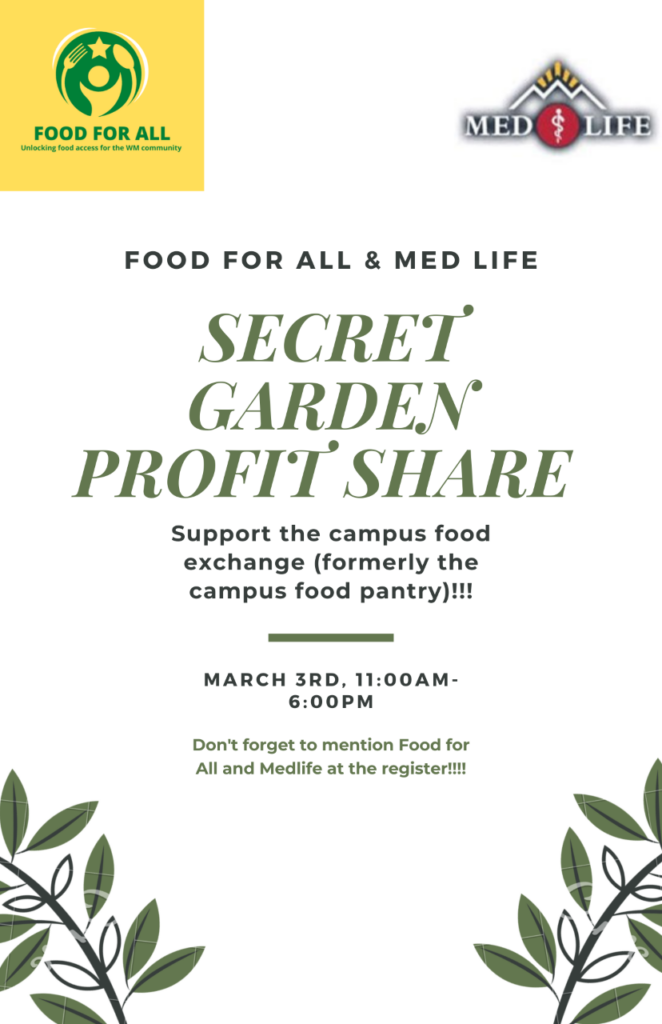 Flyer for Secret Garden Profit Share, a collaboration between Food For All and Med Life to support the campus food exchange (formerly the campus food pantry). March 3rd, 11:00 AM to 6:00 PM. Don't forget to mention Food For All and Med Life at the register.
