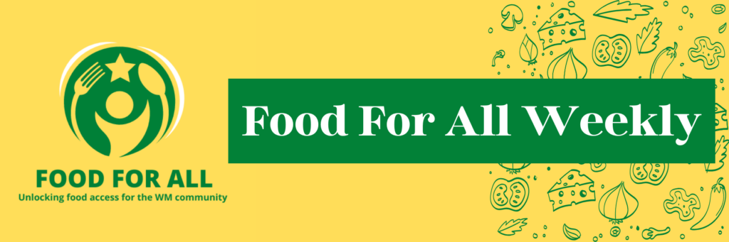 A yellow banner with green and white decor and text. On the right, the Food For All logo reads: FOOD FOR ALL / Unlocking food access for the WM community. A larger box on the right reads Food For All Weekly